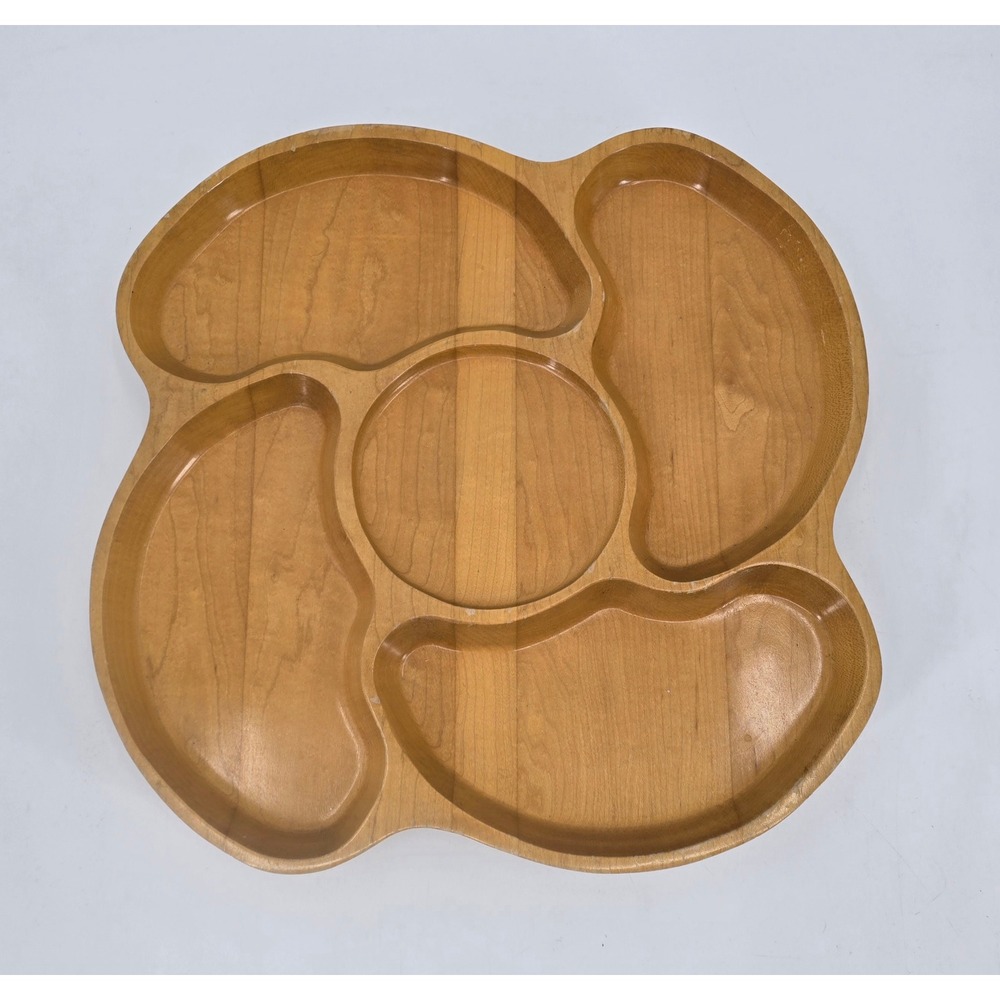 Vintage Wood Lazy Susan Divided Serving Tray 18" Mid Century Snack Appetizer